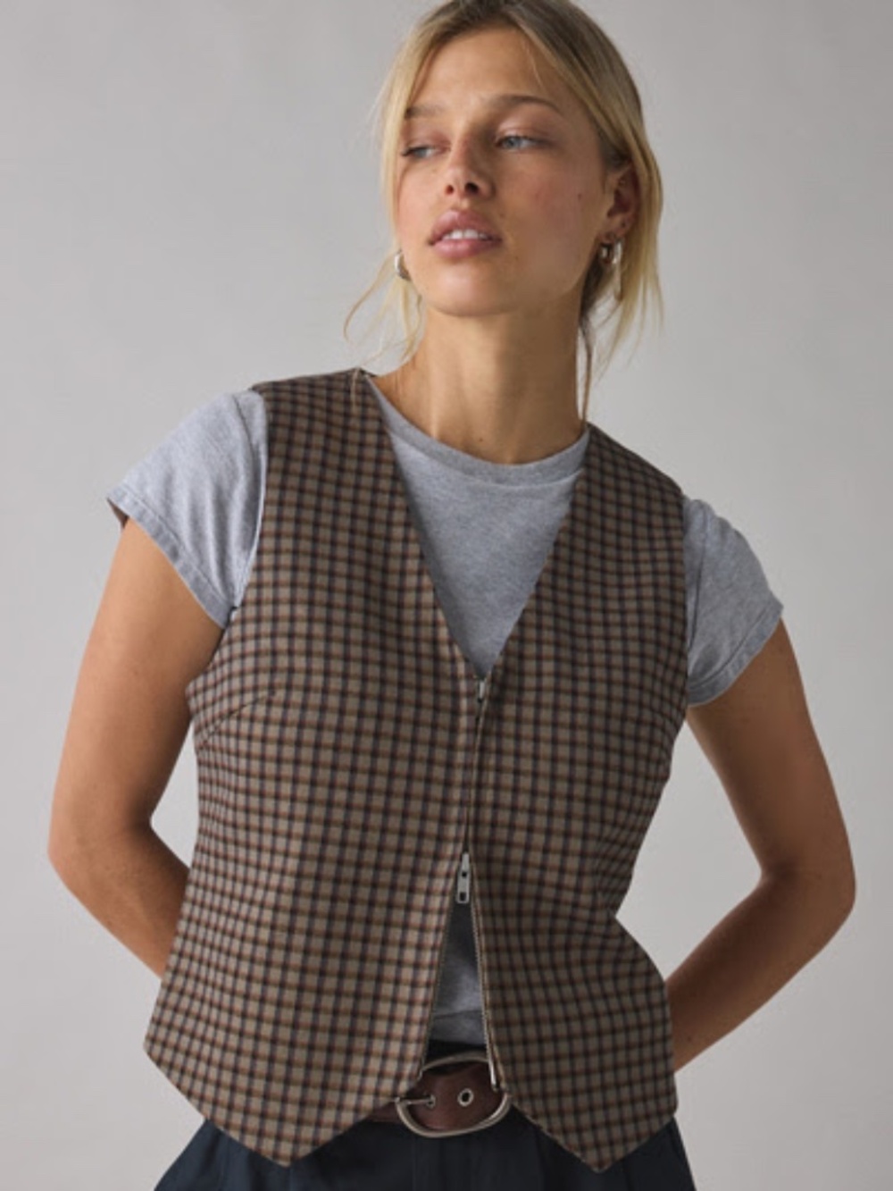 Urban Outfitters Adrian Zip-Front Twill Tailored Vest Top in Brown Plaid